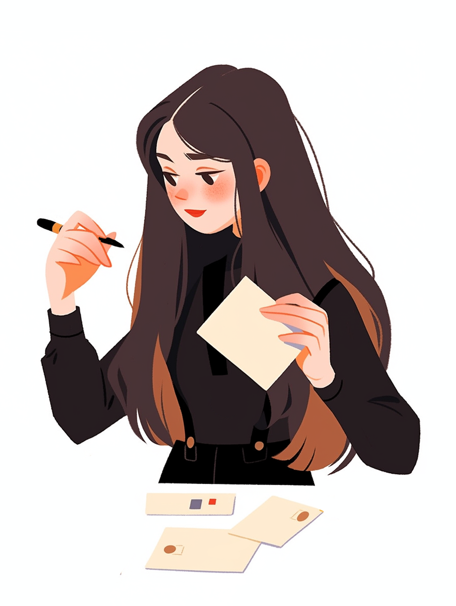 长发女子手持纸笔