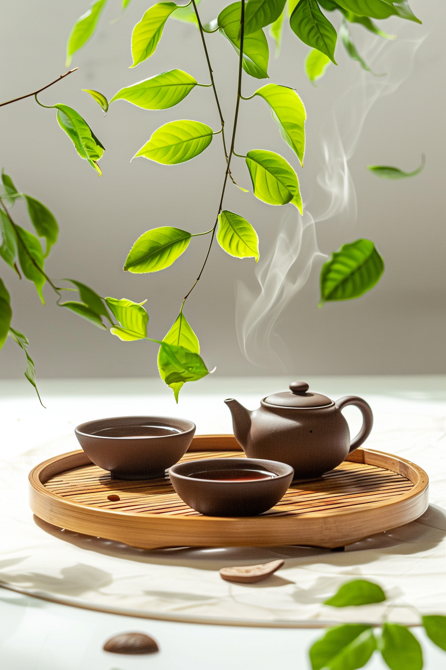 古朴茶器搭配绿叶中式茶饮
