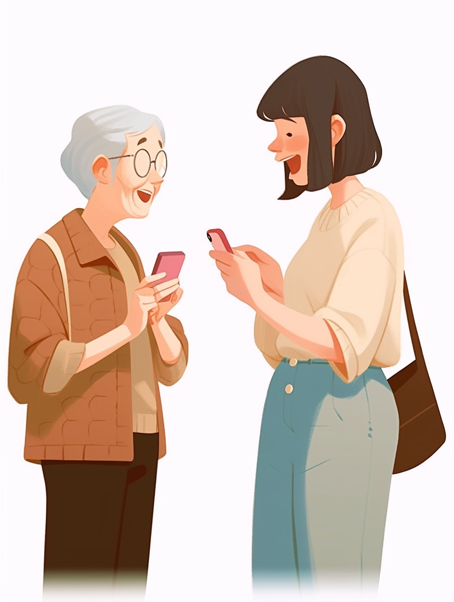 年轻女子与老人一起用手机的温馨场景图