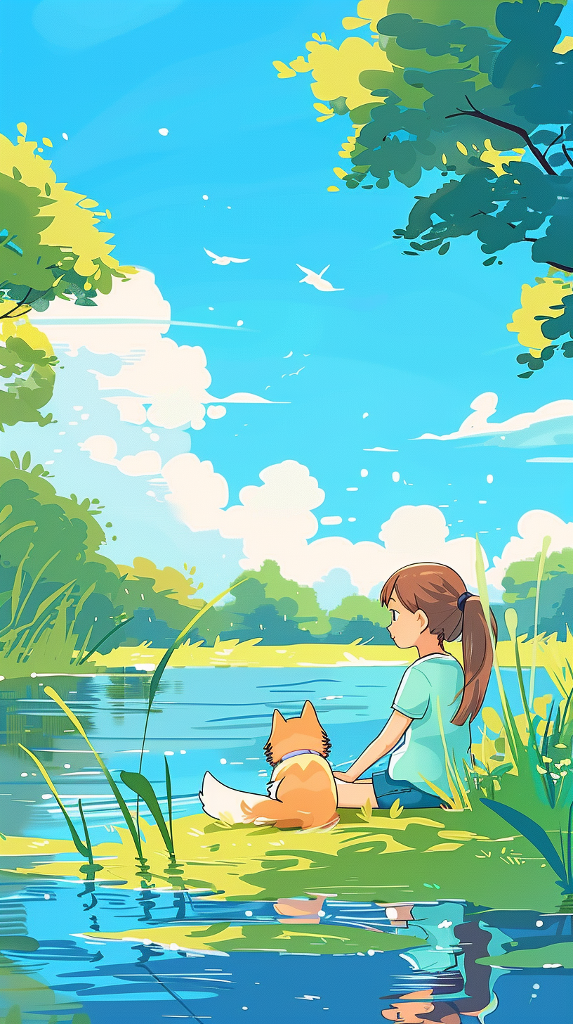女孩与宠物在湖边的温馨场景
