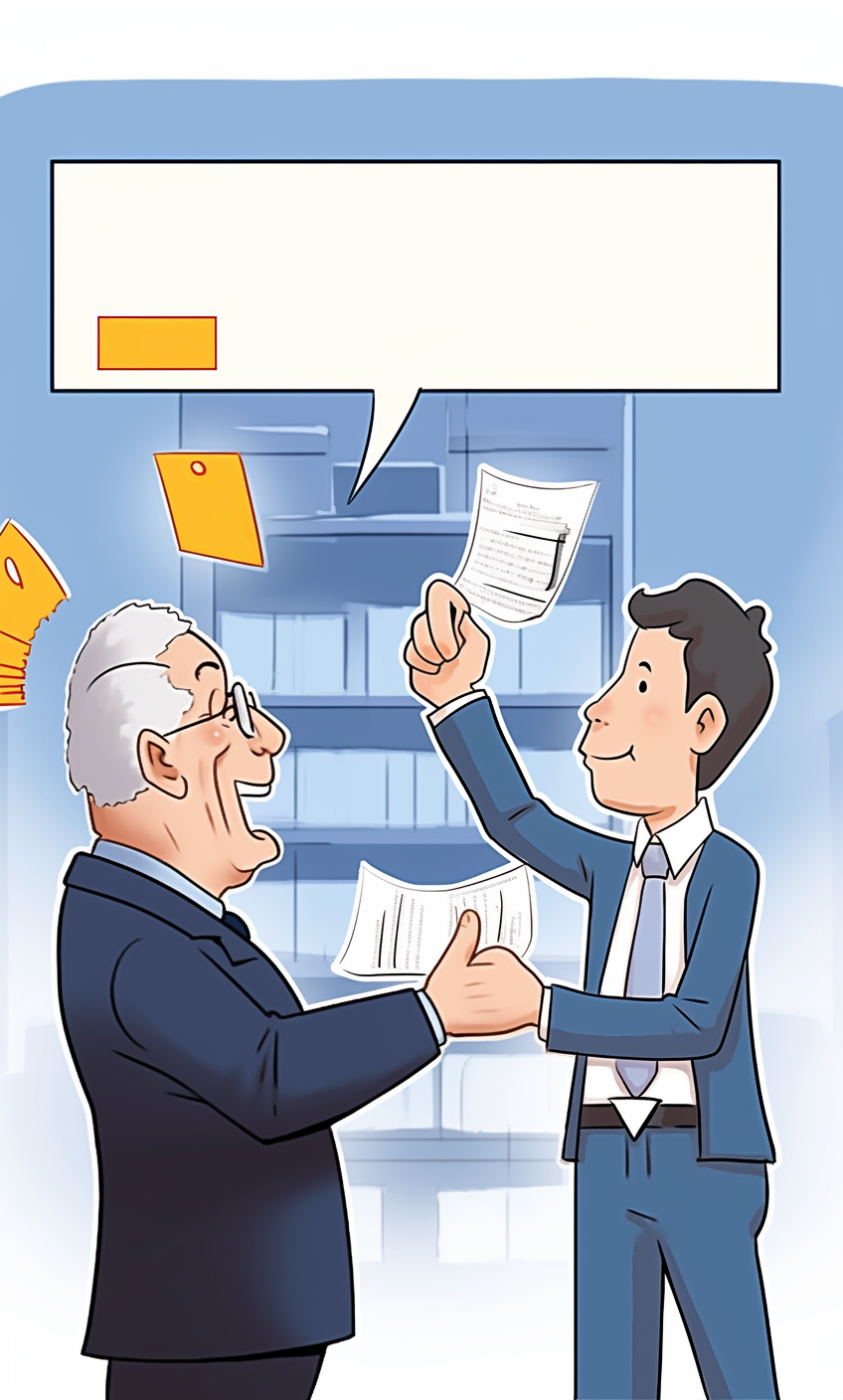 商务人士愉快传递文件的职场漫画