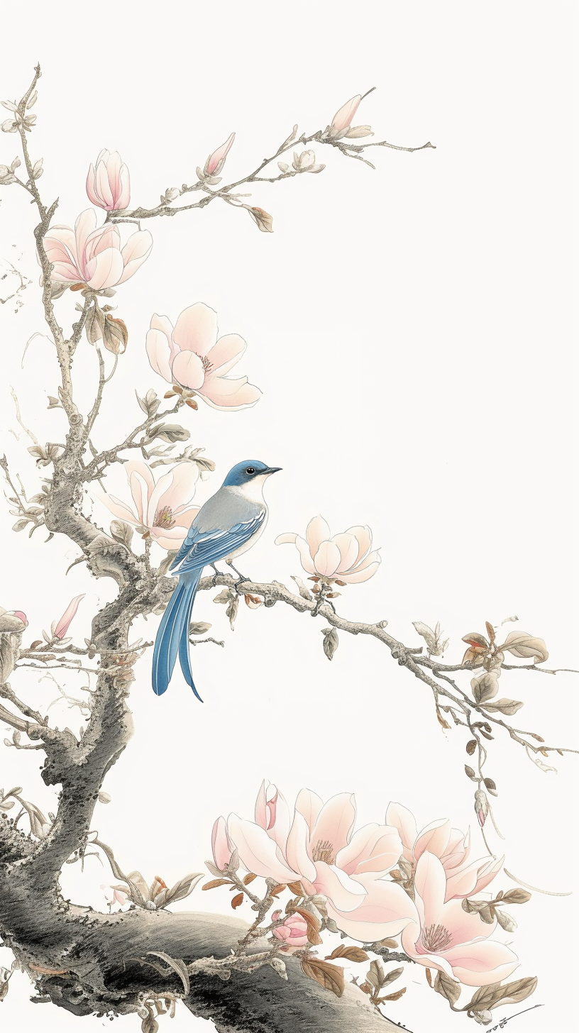 蓝鸟栖息玉兰花枝图自然之美