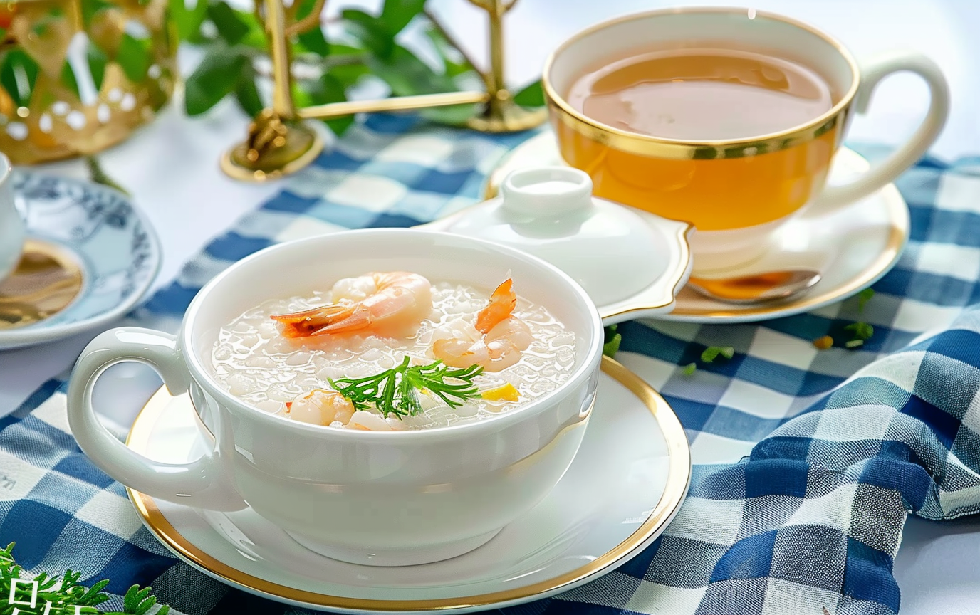 美味海鲜粥搭配香茶精致餐饮享受