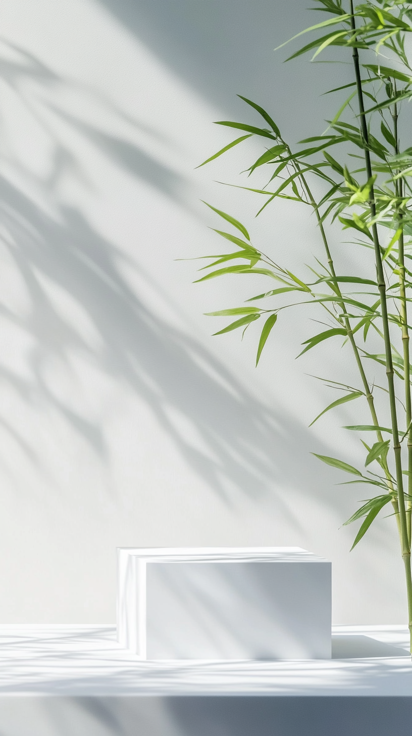 清新绿植背景下的简约白色展示台设计