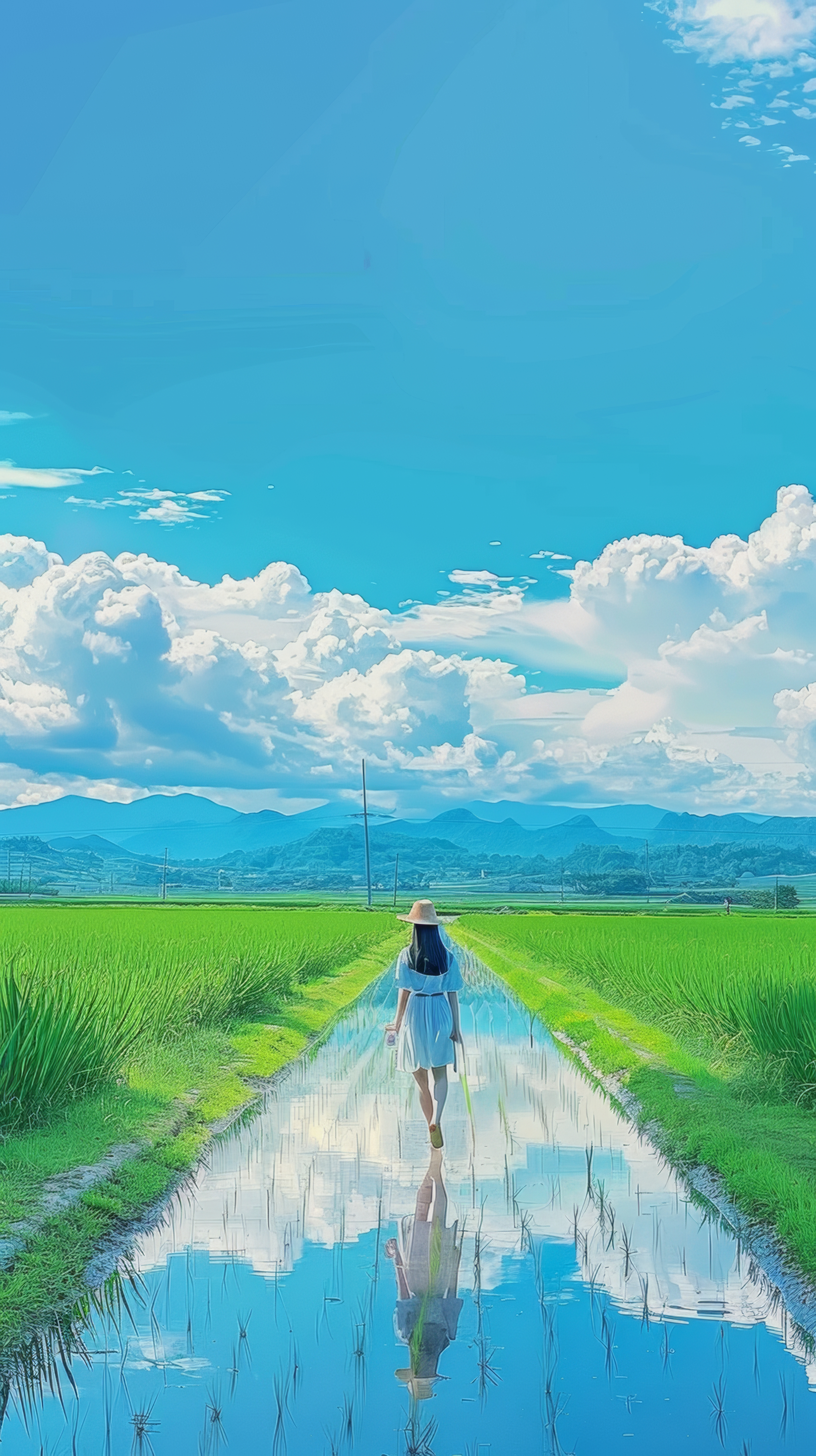 女子漫步田间小径