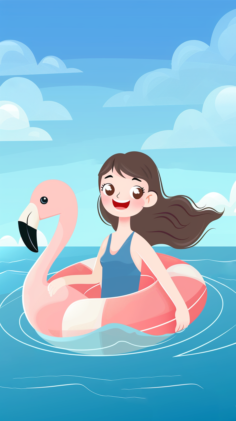 女孩乘火烈鸟泳圈在海中惬意漂浮