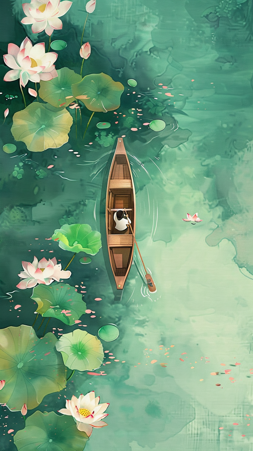 清新荷叶莲花小船图