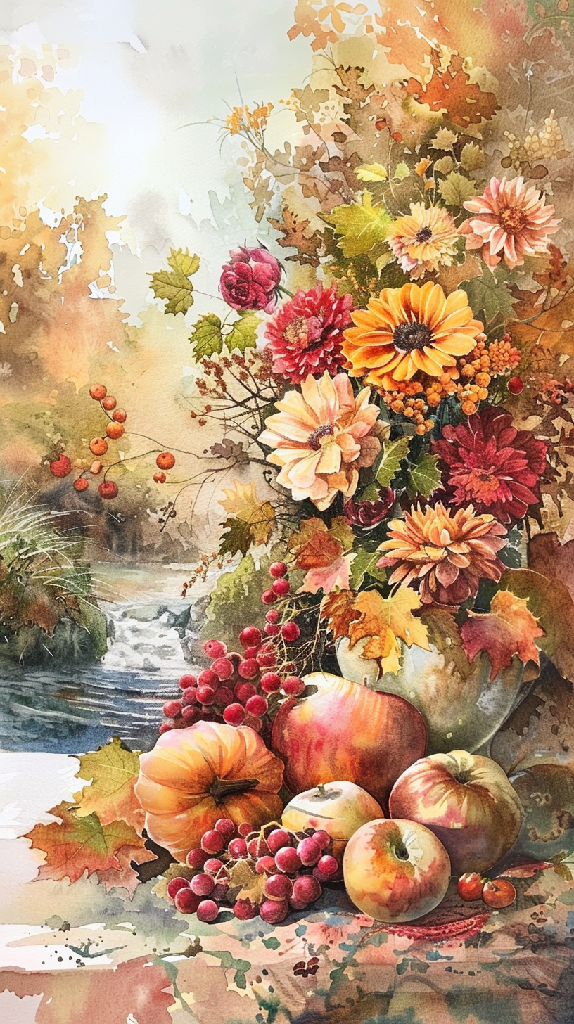 多彩秋季丰收景象水彩画