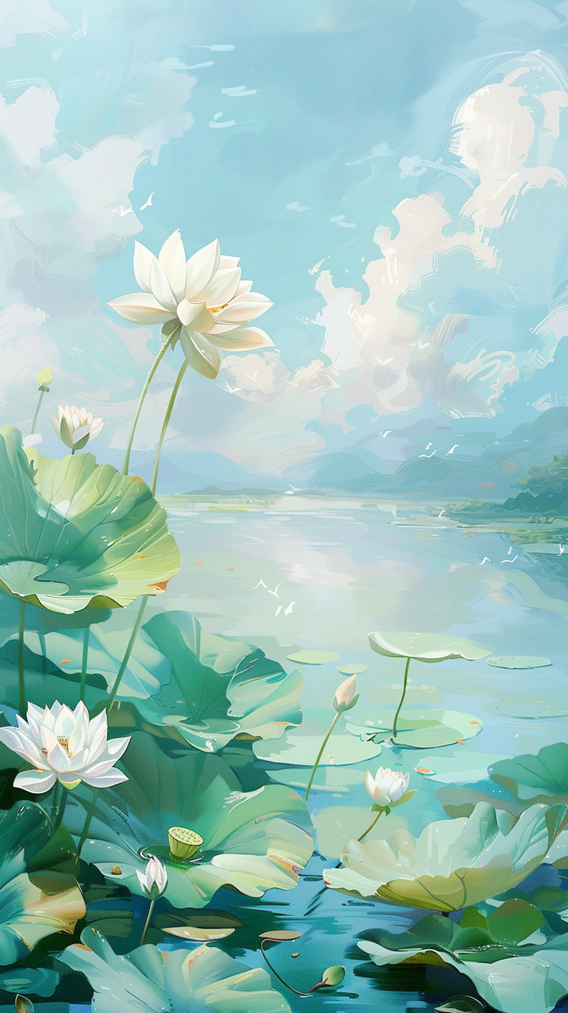 绿色清新湖泊荷花图