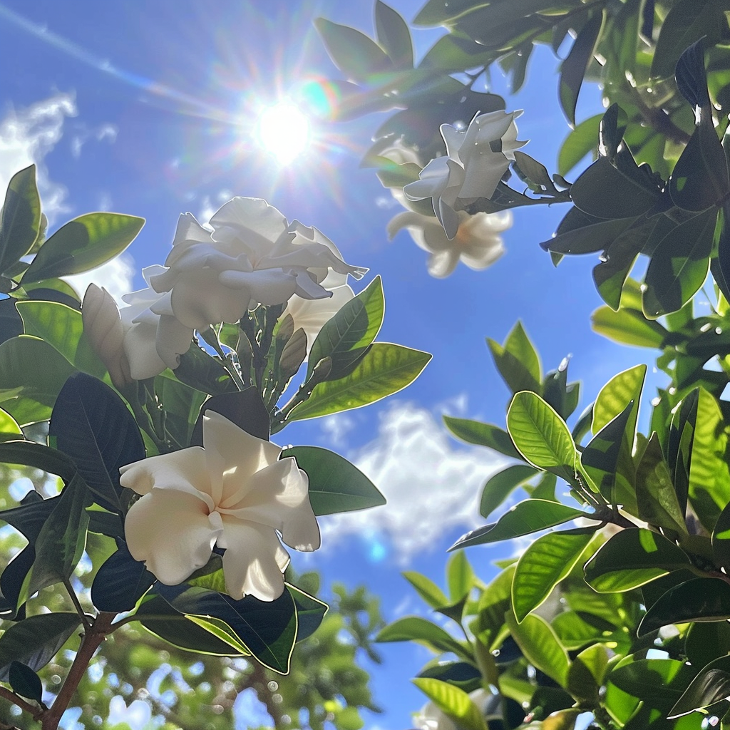 阳光照耀下的白色栀子花