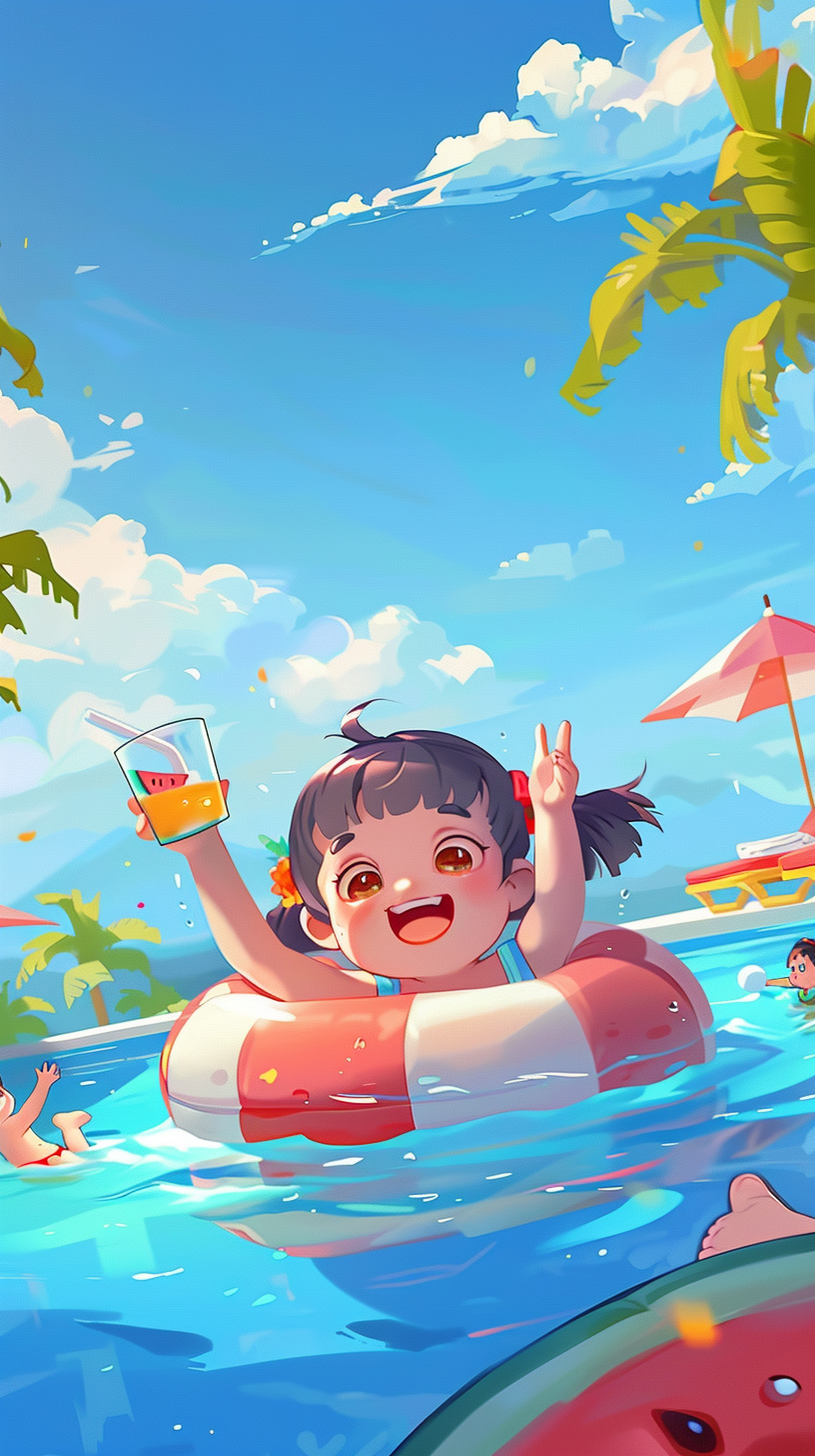 可爱女孩泳池嬉戏