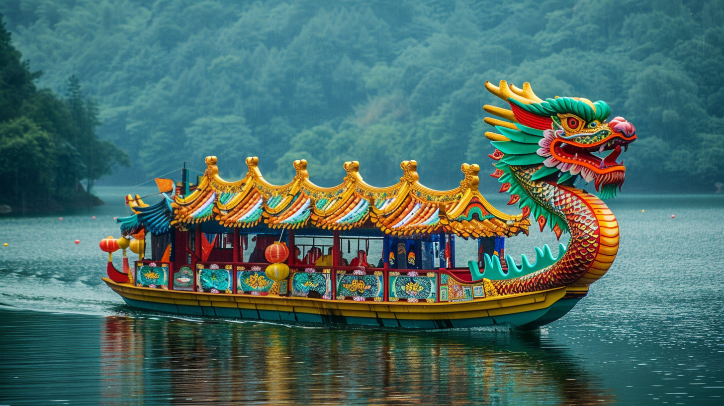 中国风龙形游船在湖泊上行驶的美丽景象