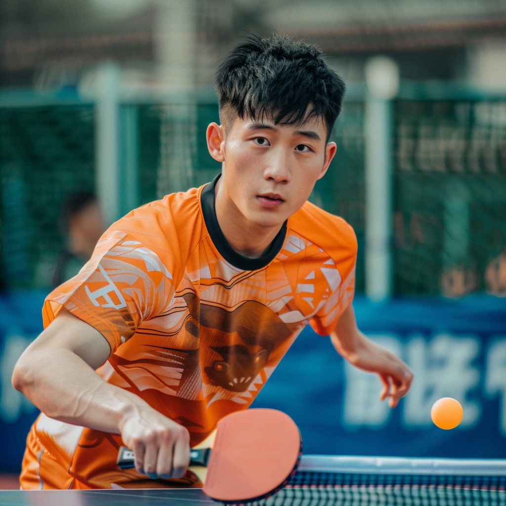 橙色运动服乒乓球选手专注打球