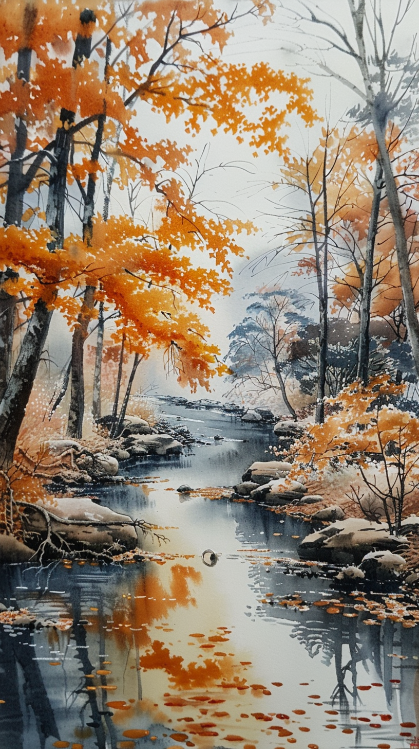 森林中小溪潺潺流淌秋景图