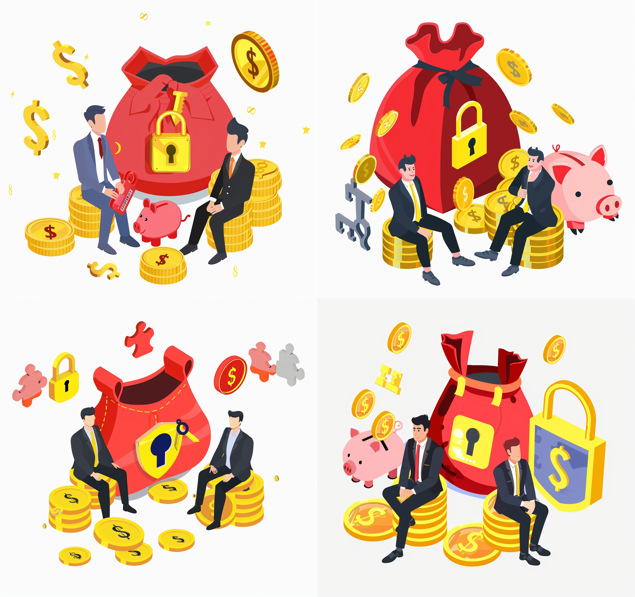 商务人士围绕钱袋金币