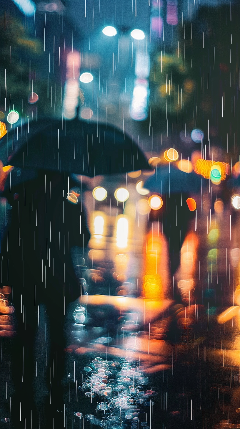 城市雨中灯光璀璨之景