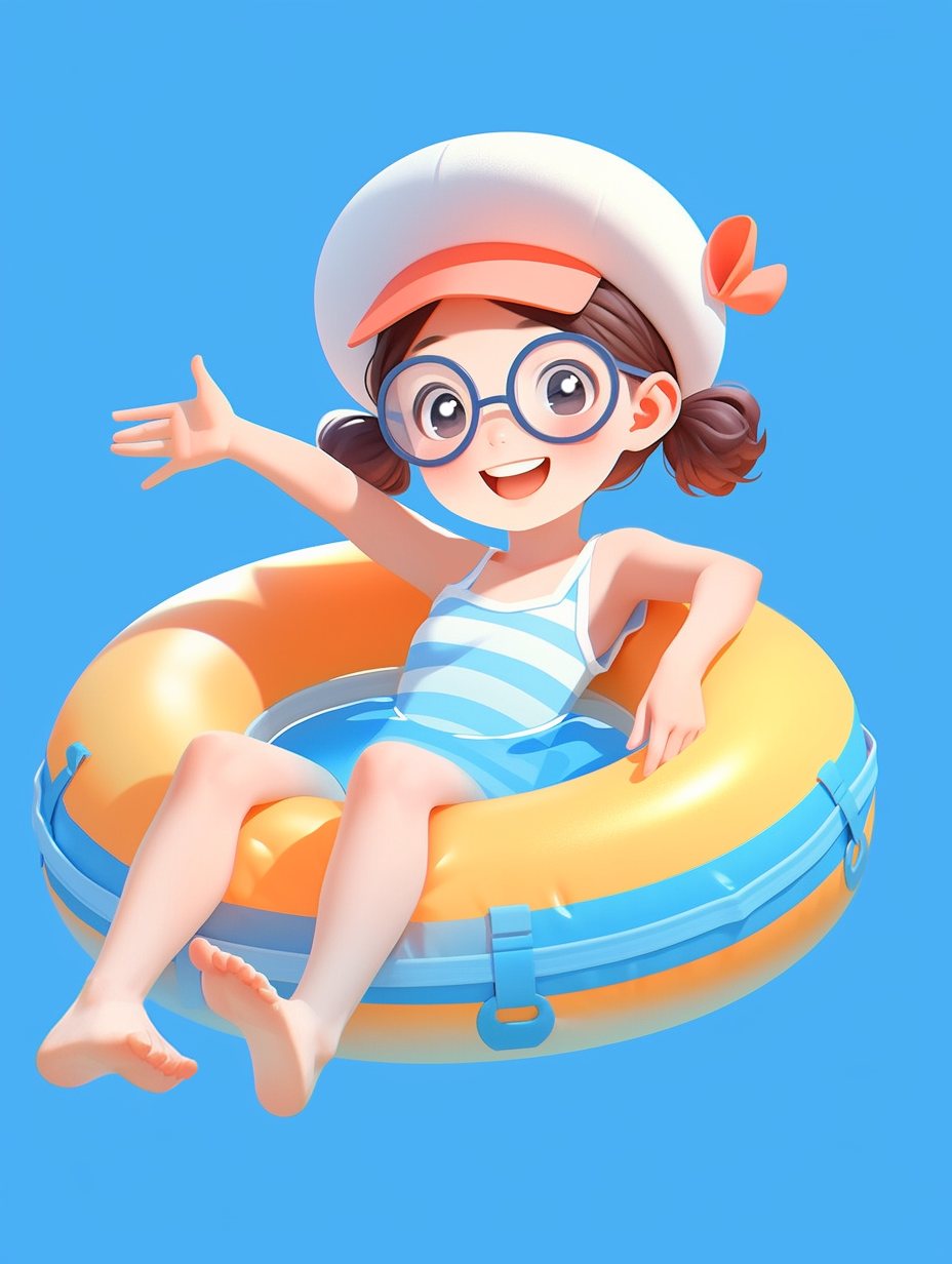 可爱女孩坐游泳圈的3D