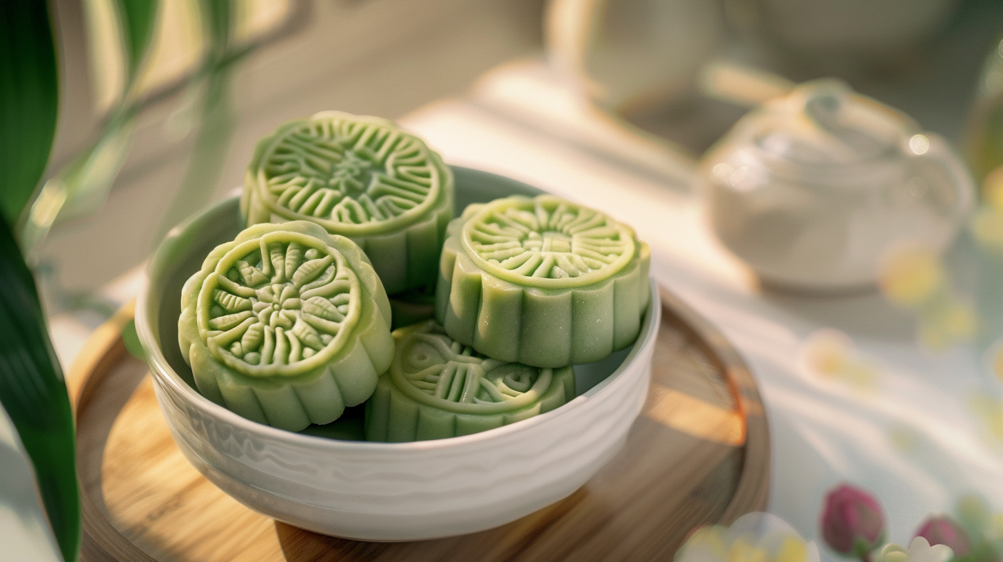 精致绿色月饼传统糕点的美味中秋