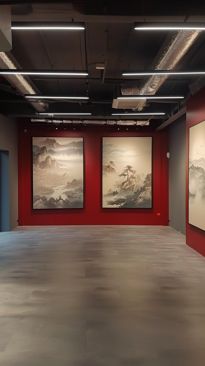 室内展示墙上挂山水画作文艺气息