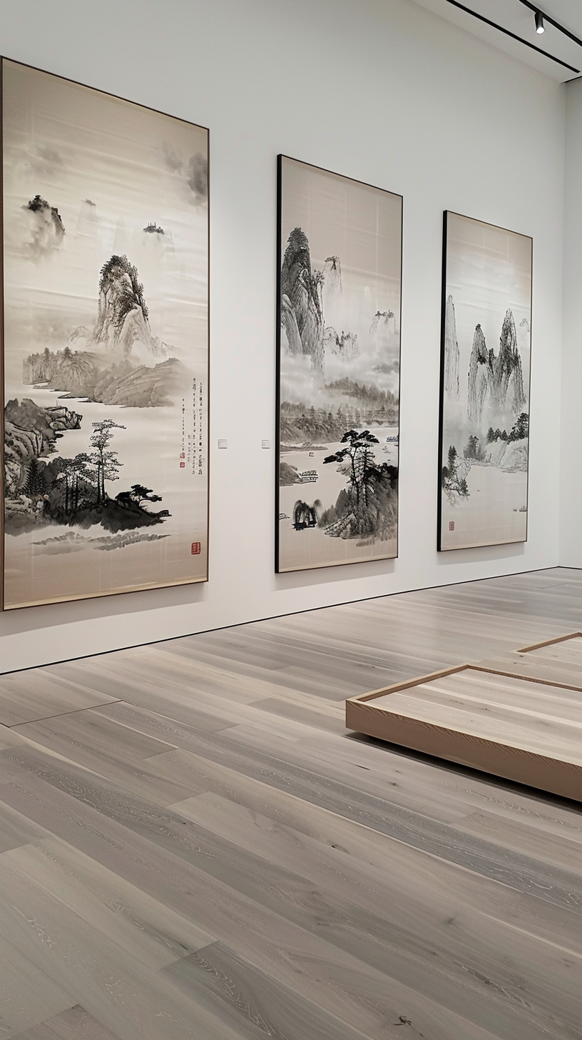 三幅水墨山水画作展现独特艺术魅力