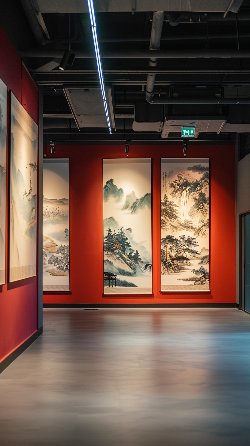 红色墙壁上的精美山水国画展览宣传图
