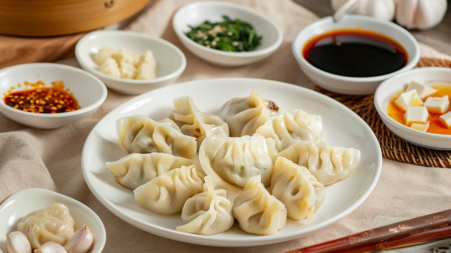 美味饺子搭配多样蘸料的特色中餐展示