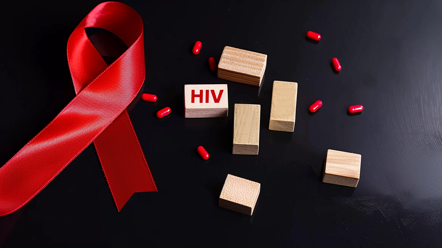 HIV宣传物料，红丝带与木块展现防艾意识