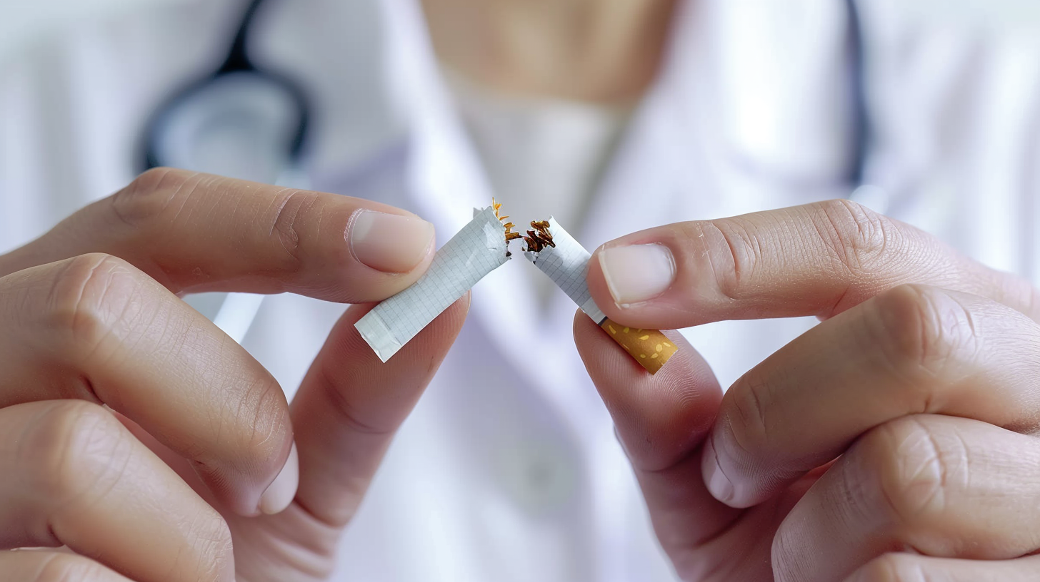 医生手中折断香烟 倡导健康戒烟理念