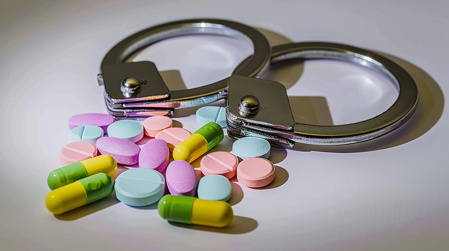 手铐与彩色药丸组合警示药物犯罪勿触碰