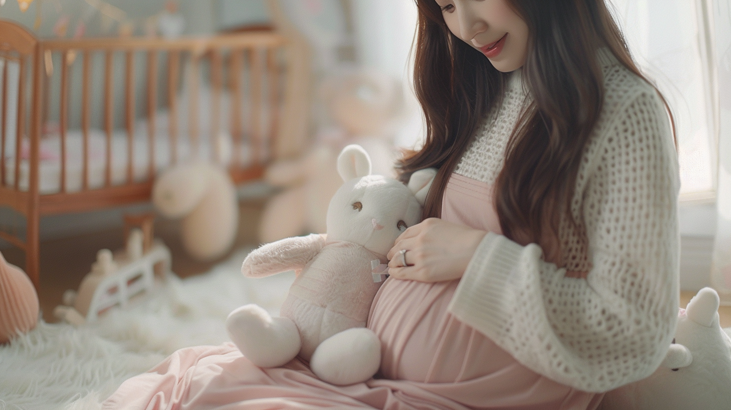孕妇温柔抱玩偶温馨母婴主题宣传照