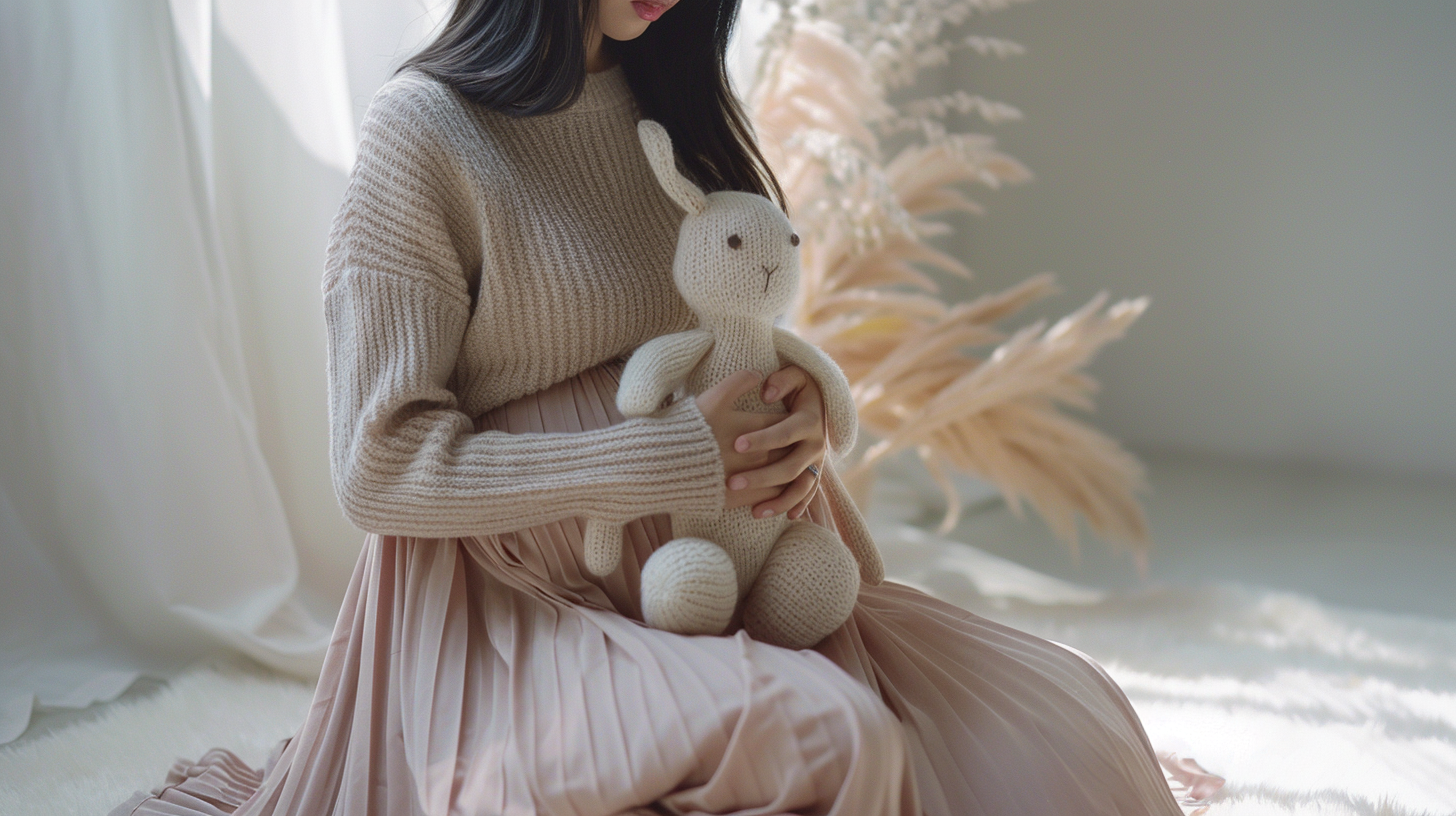 女子温柔怀抱玩偶温馨氛围的画面