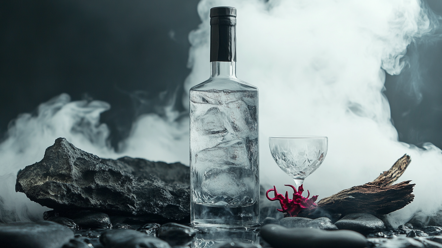 烟雾缭绕中精致酒瓶酒杯高端质感