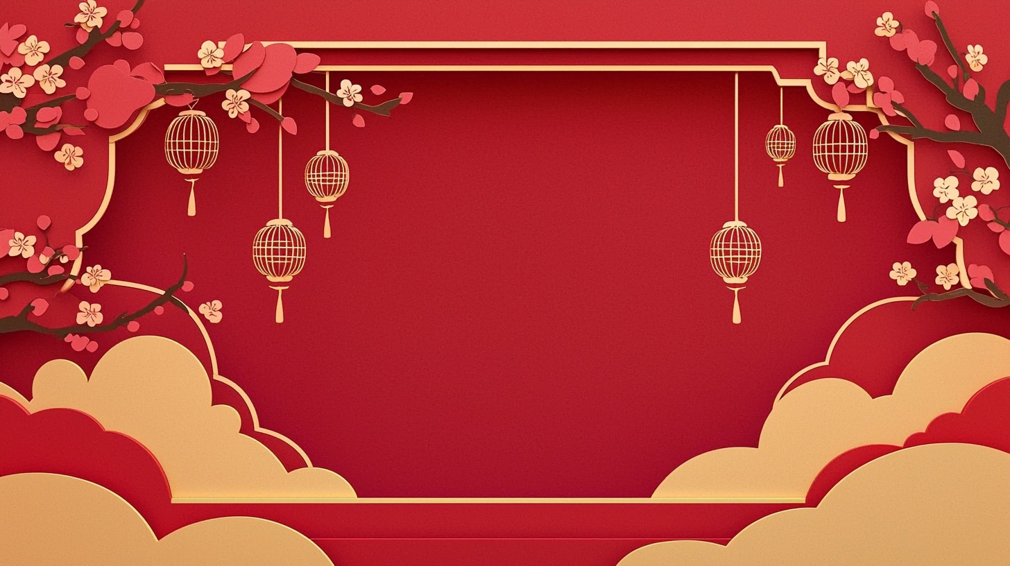 中式红灯笼梅花装饰的喜庆春节宣传背景图