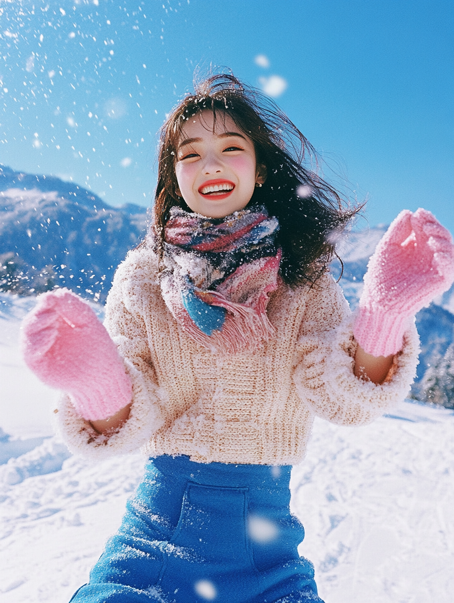 蓝色女生雪地雪景