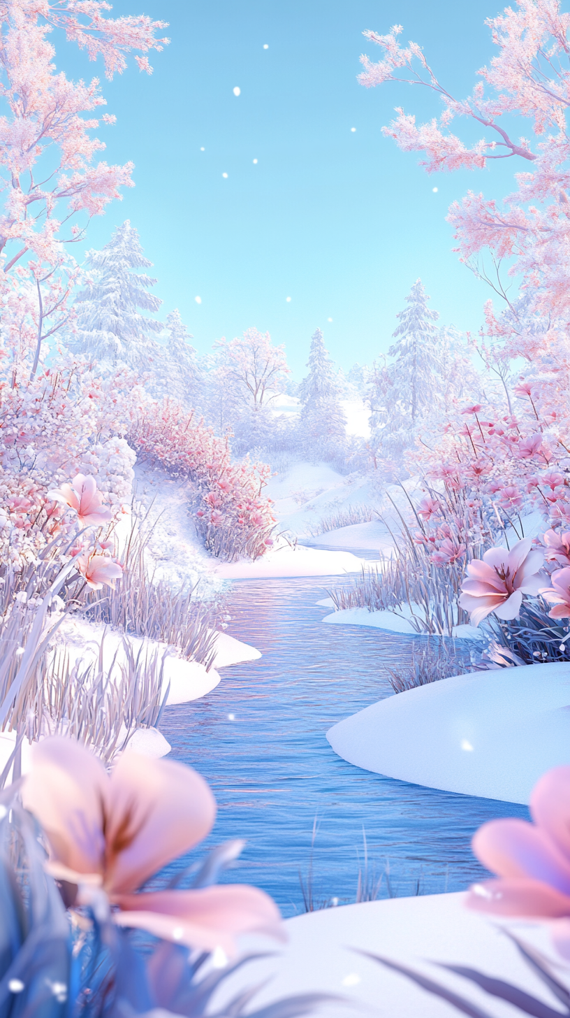 蓝粉色冬季花朵河流背景