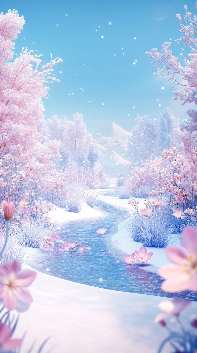 蓝粉色冬季花朵河流背景