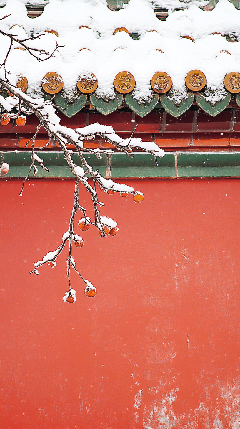 红墙冬日柿子树枝雪景背景