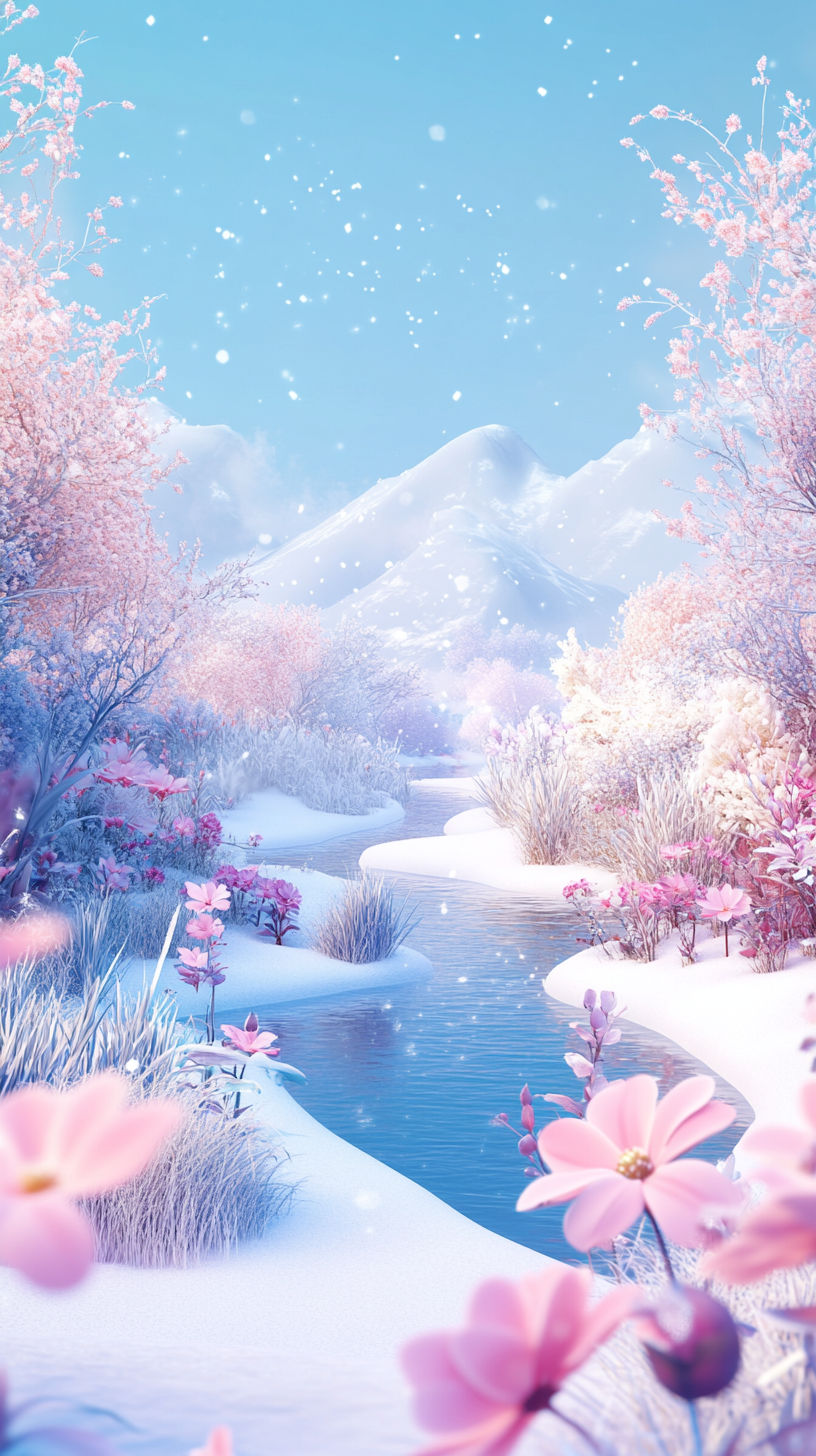 蓝粉色冬季花朵河流背景