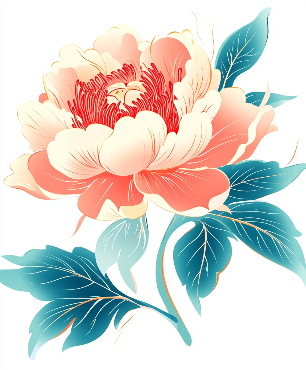 白色手绘工笔风牡丹花插画