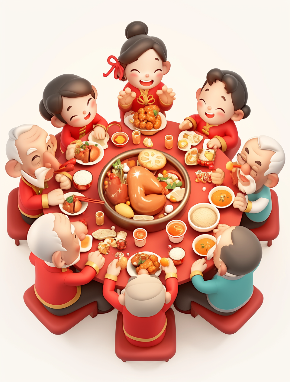 3D卡通春节一家人团圆饭年夜饭宣传海报