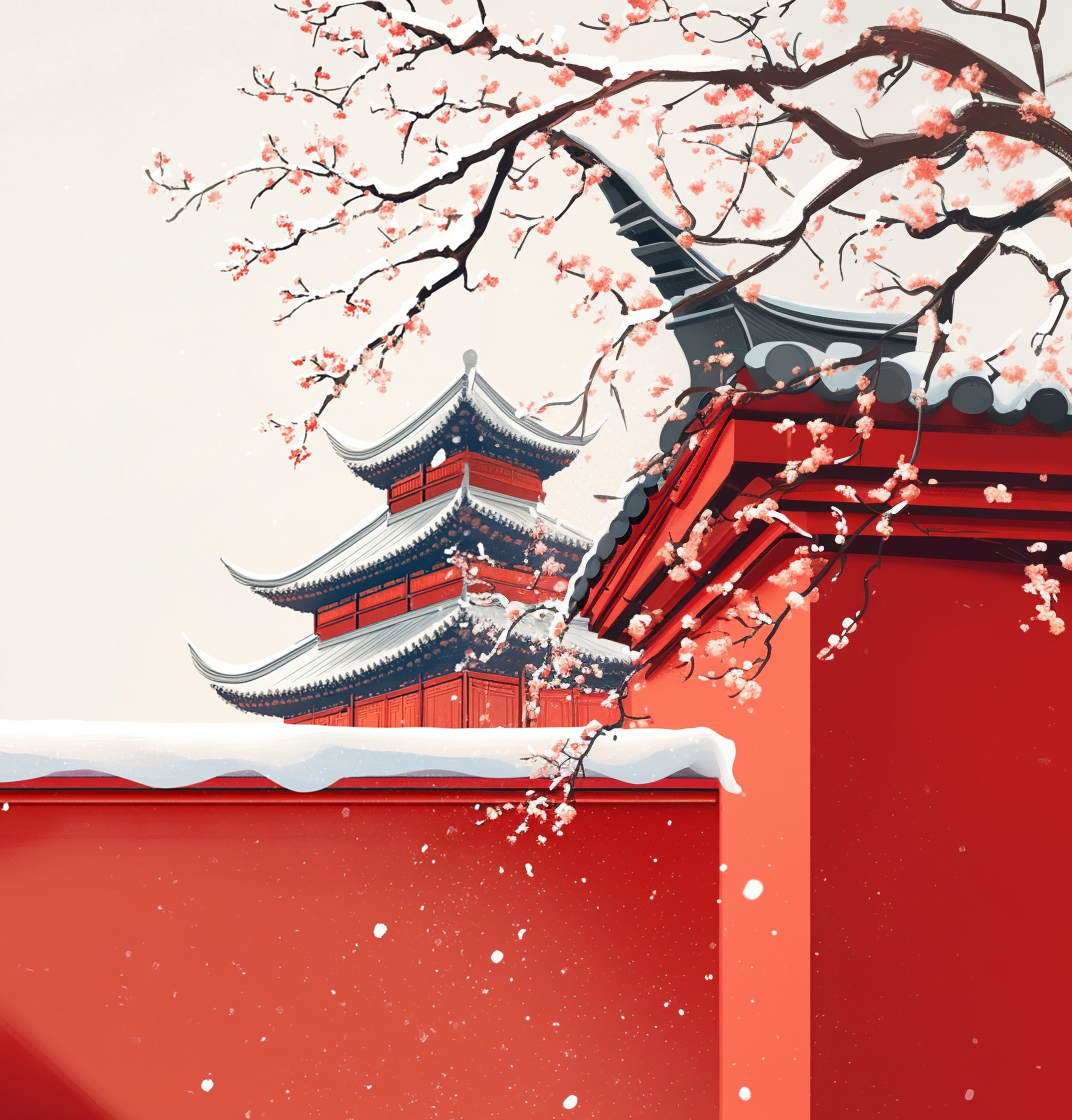 传统中国风古建筑雪景图