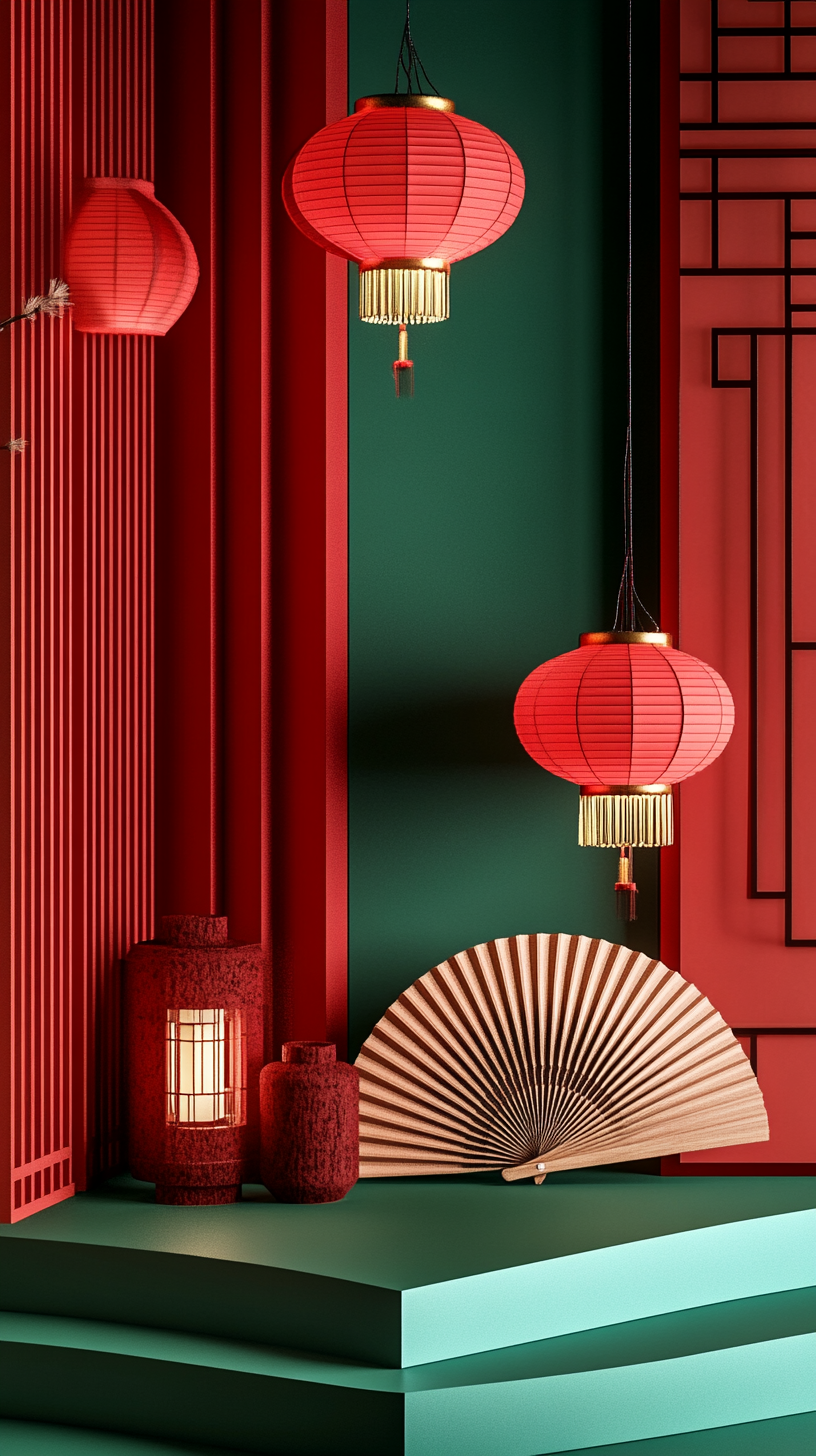 中国风红灯笼折扇喜庆新年装饰背景