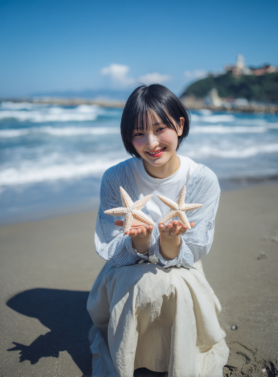蓝色夏季海边海滩女生