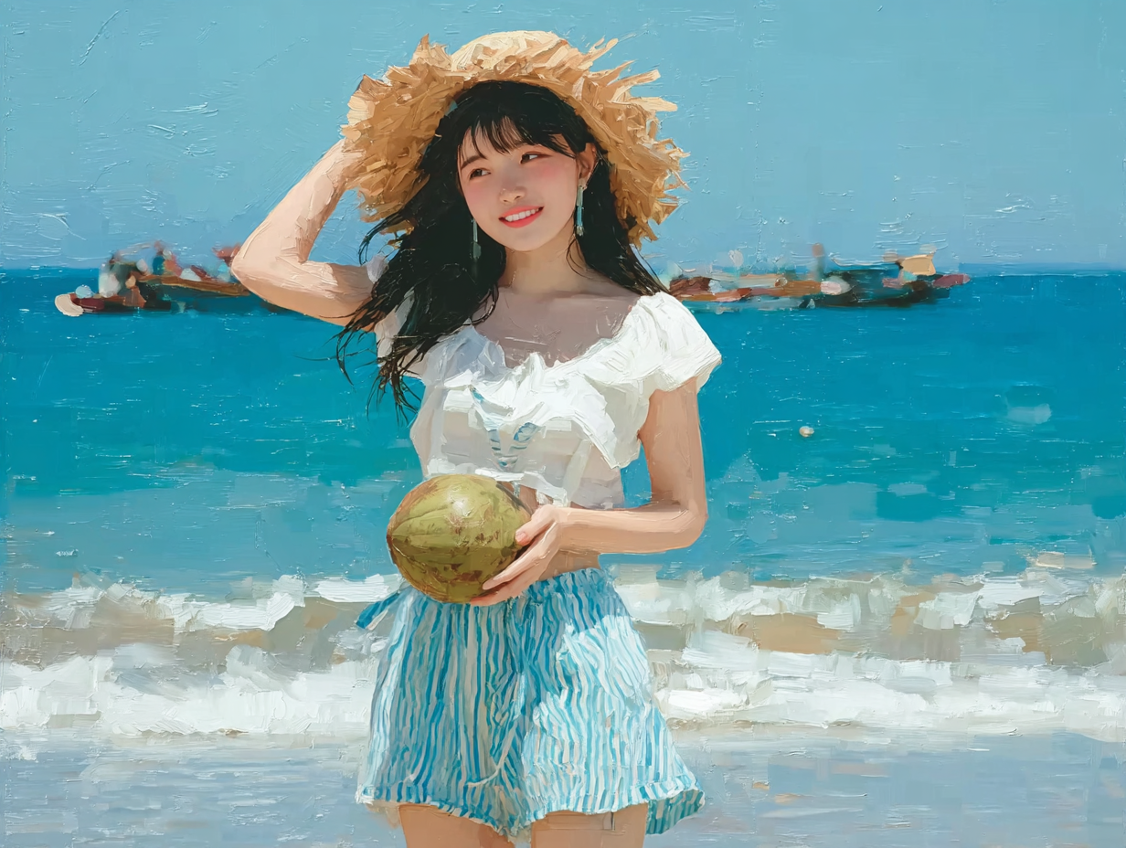 蓝色夏季海边沙滩女生写真