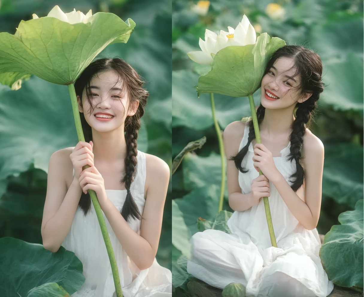绿色荷花荷叶女生写真
