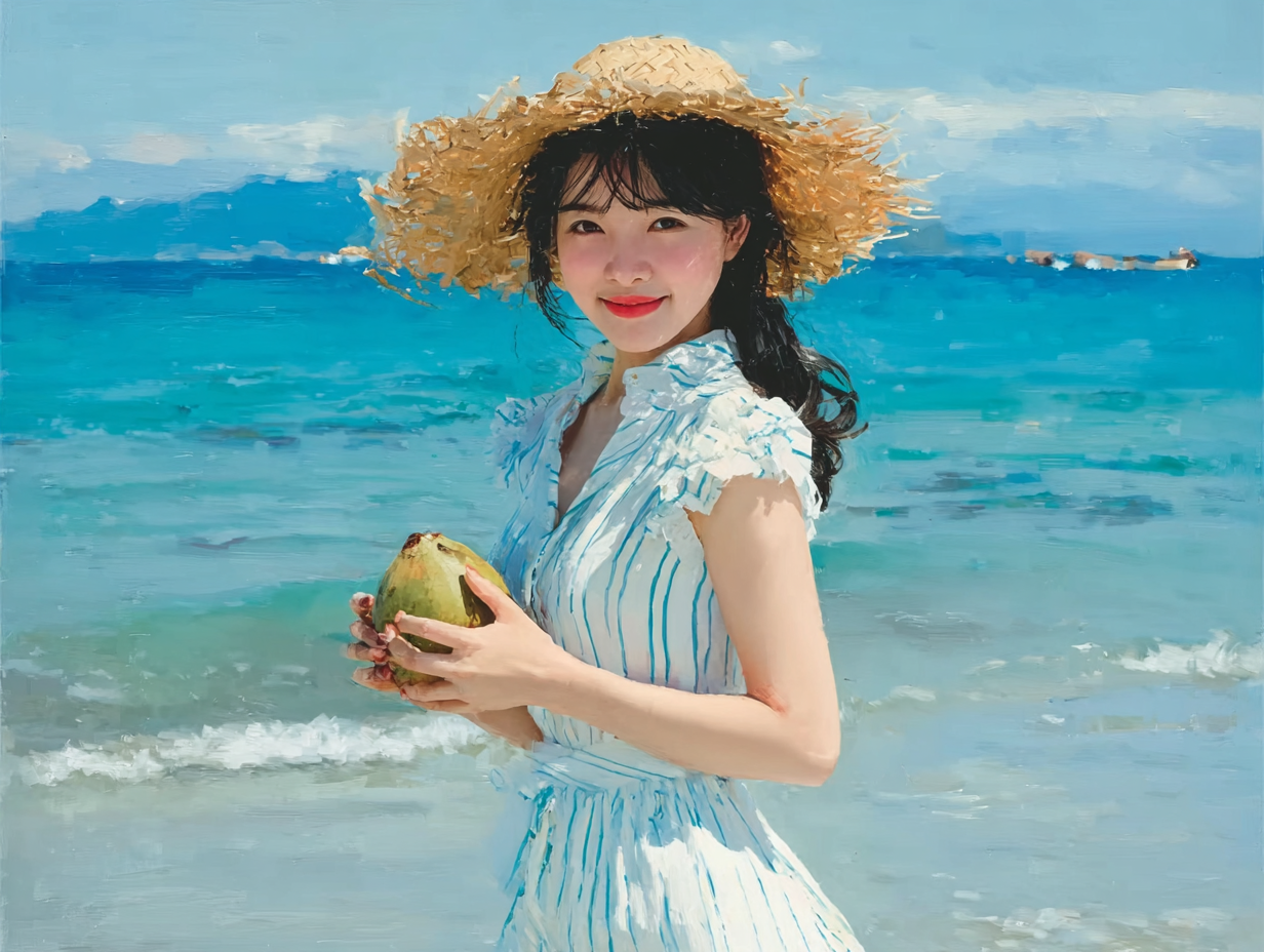 蓝色夏季海边沙滩女生写真