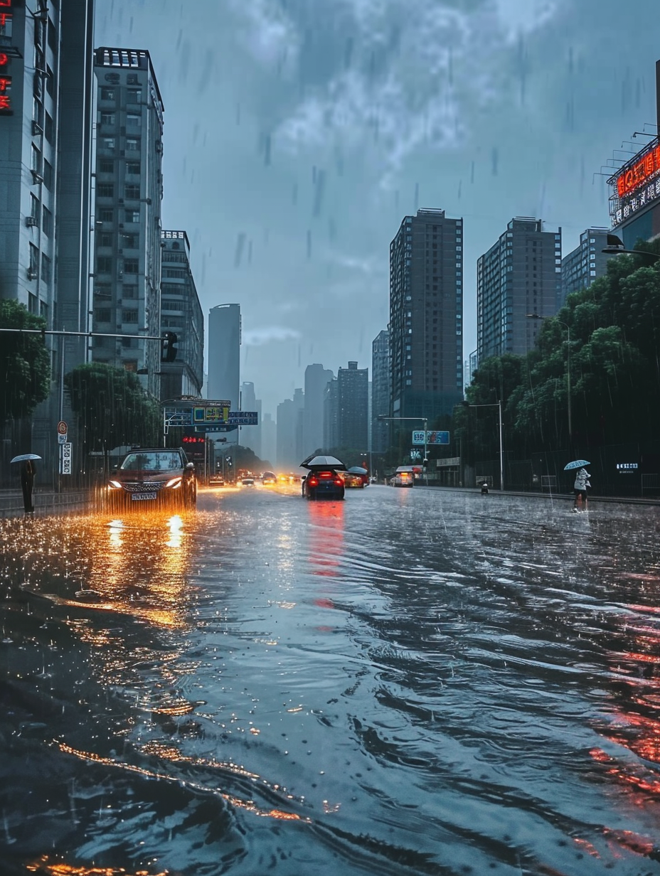 城市街道雨中行车独特城市风貌