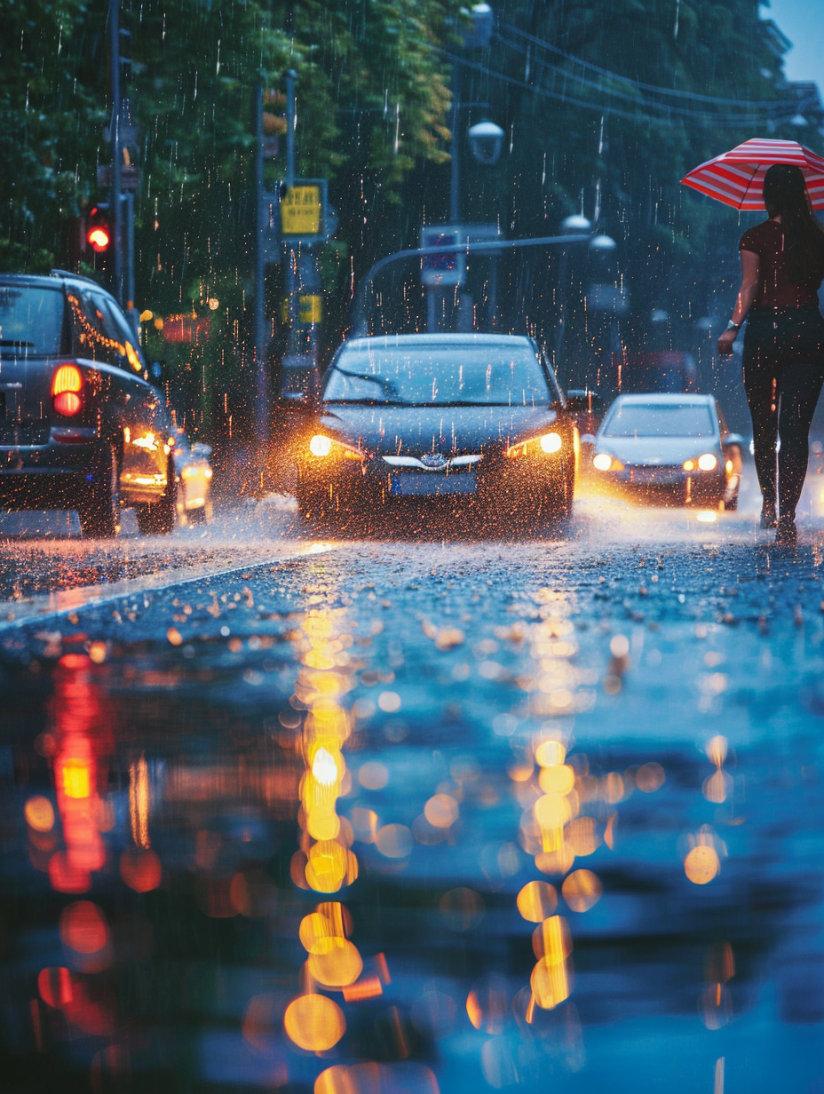 雨中街道景象 汽车行人共谱城市交通画卷