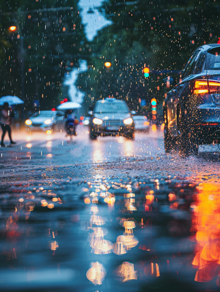 雨中城市街道景象汽车行驶动态美