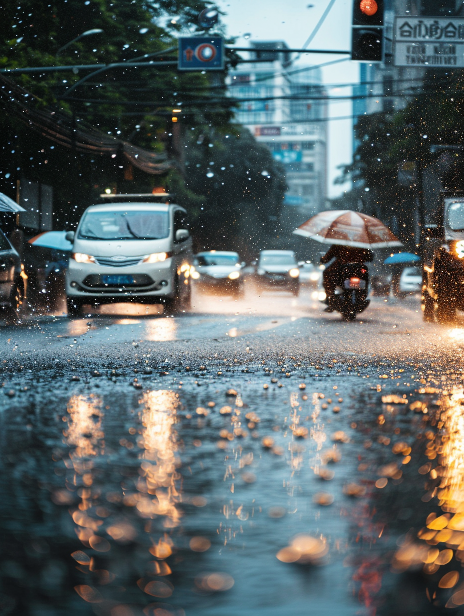 雨中街道景象摩托车撑伞行驶的真实画面